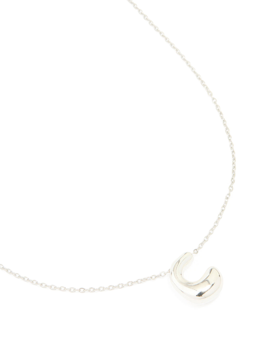 Highlighting a waterproof stainless steel large bubble letter C necklace with initial pendant in silver, featuring dainty style close up view