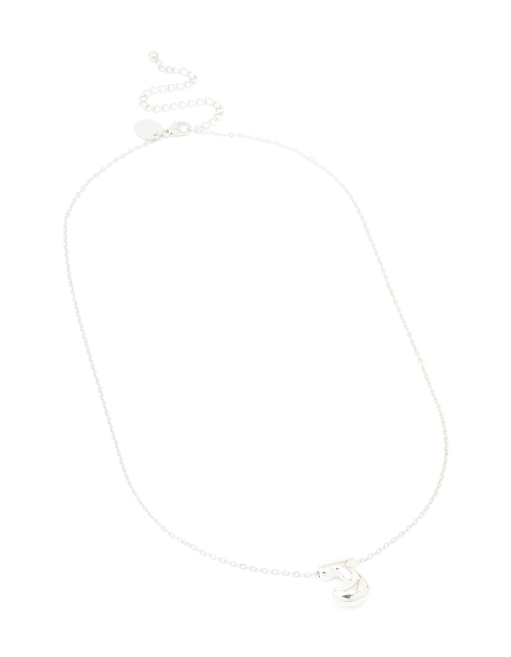 Explore a waterproof stainless steel large bubble letter J necklace with initials pendant in silver front view