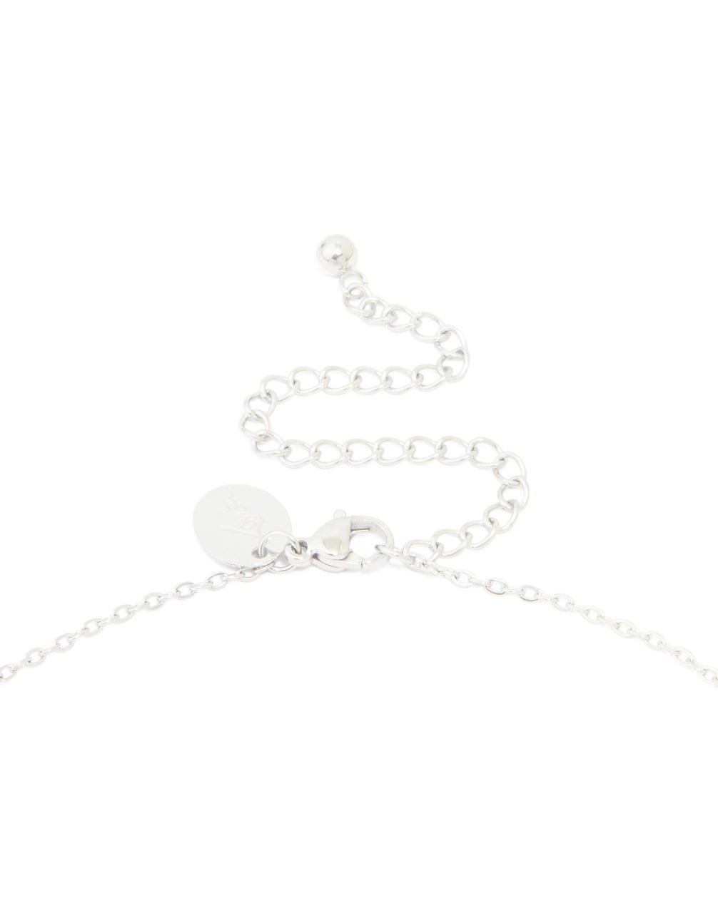 Featuring a waterproof stainless steel large bubble letter J necklace with initials pendant in silver clasp detail view