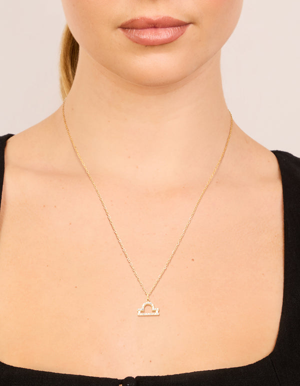 Waterproof Gold Plated Stainless Steel Cubic Zirconia Libra Zodiac Sign Necklace