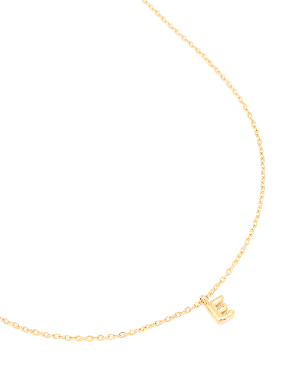 Showcasing a waterproof gold plated stainless steel mini bubble letter E pendant initial necklace in dainty style front view