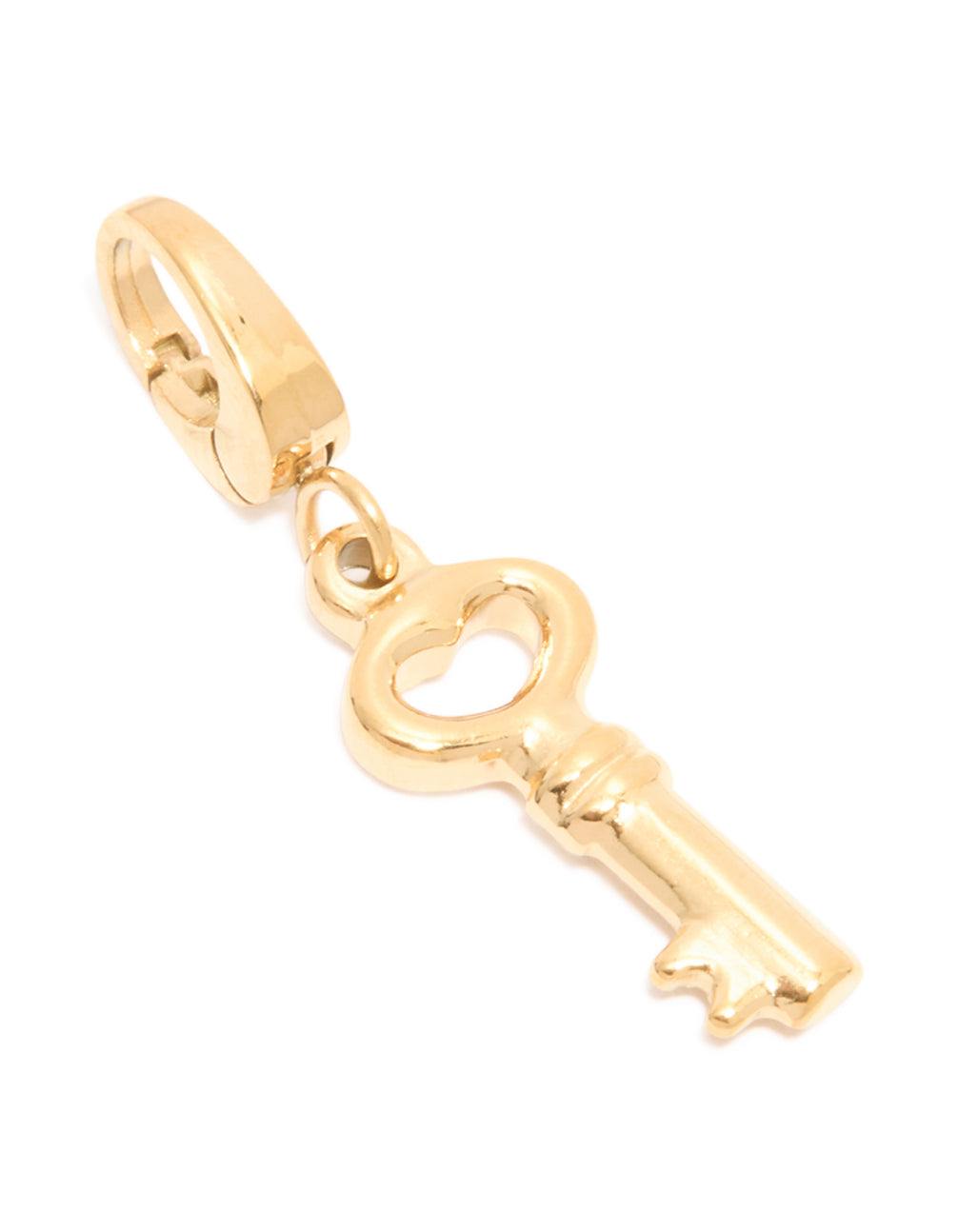 Showcasing a waterproof key charm with heart detail crafted from gold plated stainless steel front view