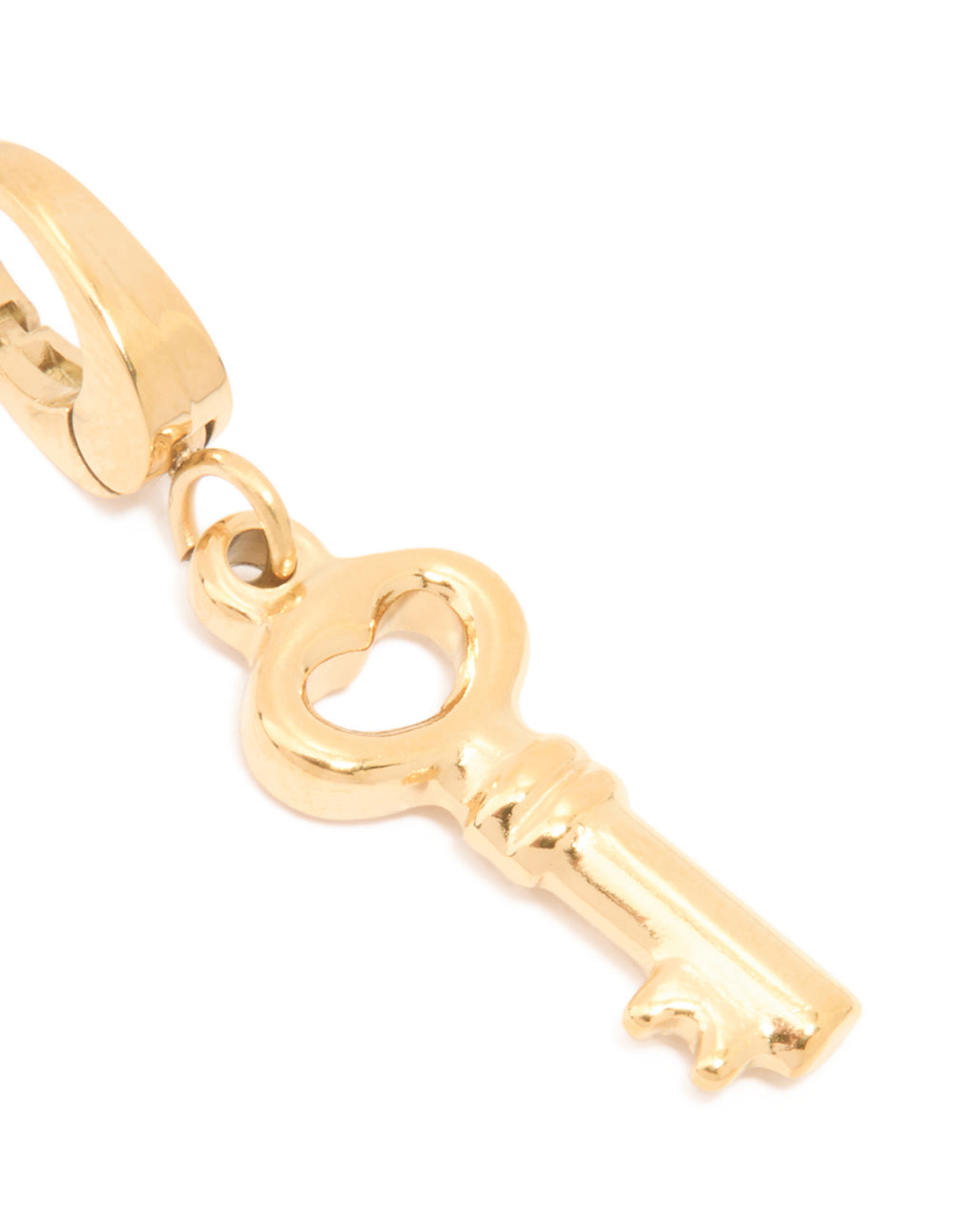 Elegant waterproof key charm featuring heart detail in gold plated stainless steel close up view