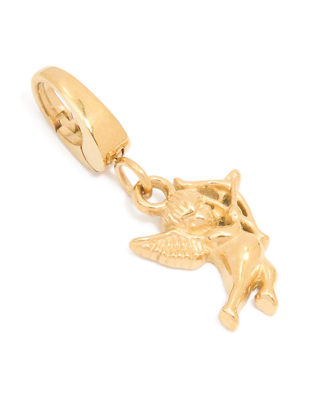 Discover this waterproof cherub charm, crafted from gold plated stainless steel front view