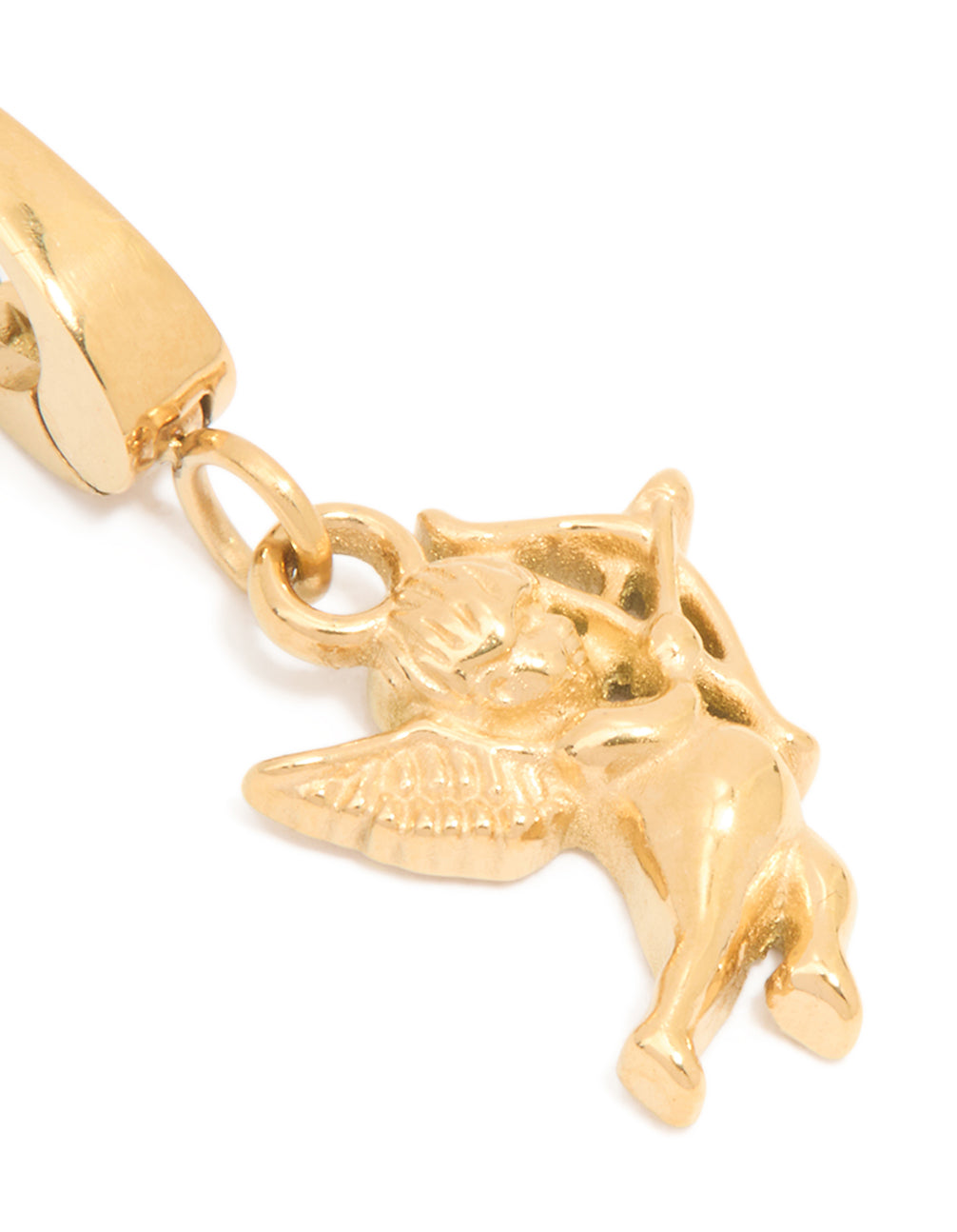 Explore this waterproof cherub charm, in gold plated stainless steel close up view