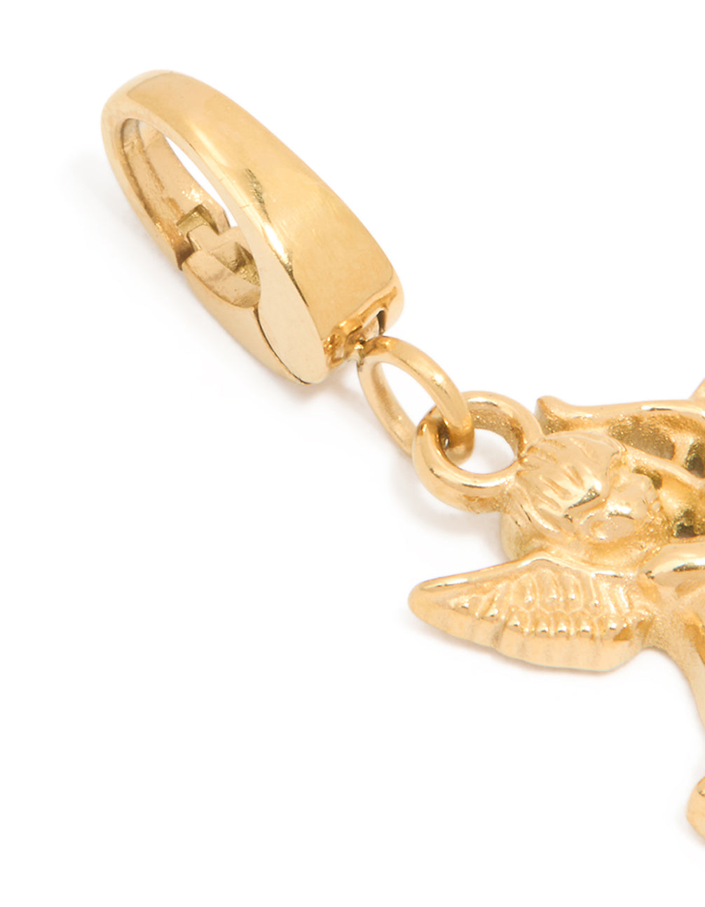 Featuring this waterproof cherub charm, crafted from gold plated stainless steel clasp detail view