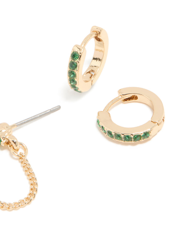 Designed with gold green cubic zirconia floral chain and huggie closure earrings 2-pack close up view
