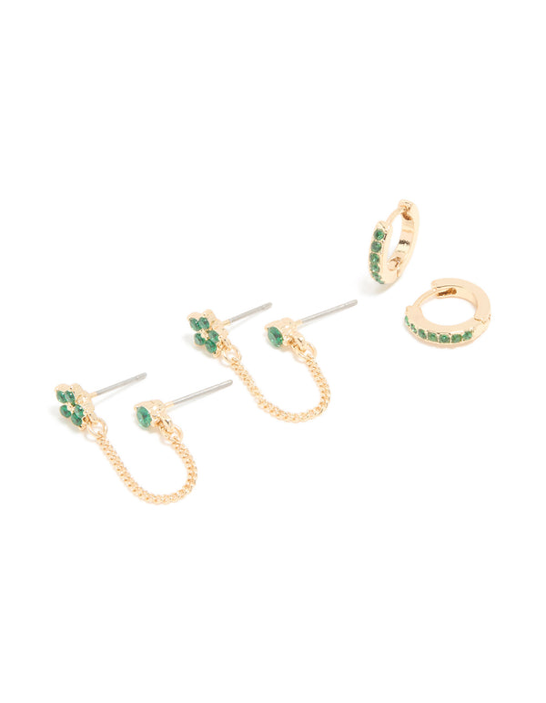 Gold Green Cubic Zirconia Floral Chain & Huggie Earrings 2-Pack