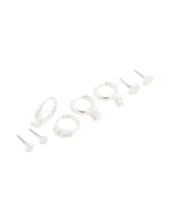 Silver Plated Cubic Zirconia & Pearl Earrings 4-Pack