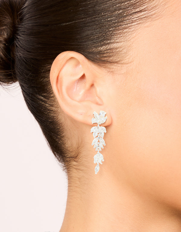 Silver Plated Cubic Zirconia Dazzling Leaf Drop Earrings