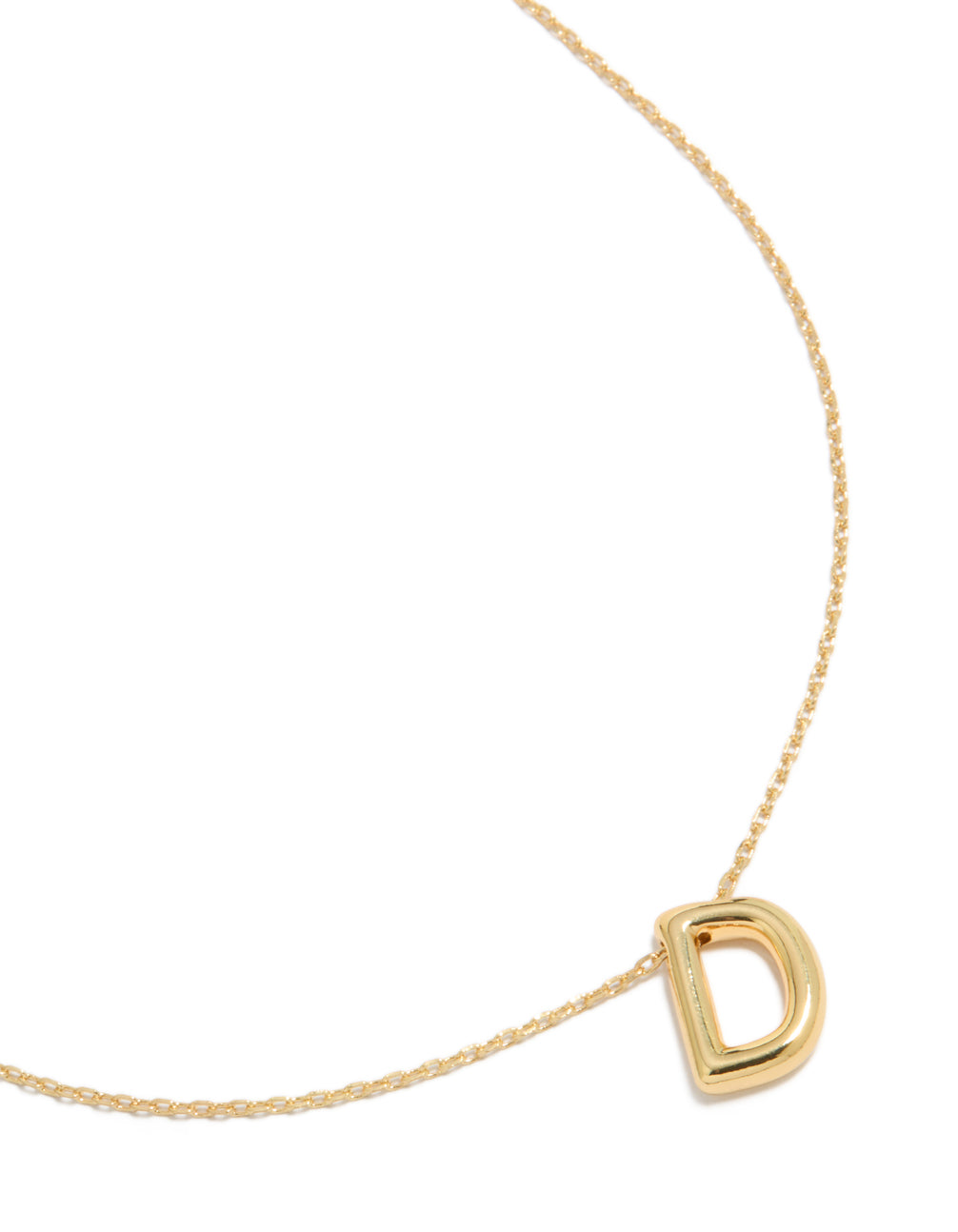 Discover this gold plated bubble letter D necklace featuring initials with pendant in a dainty style close up view