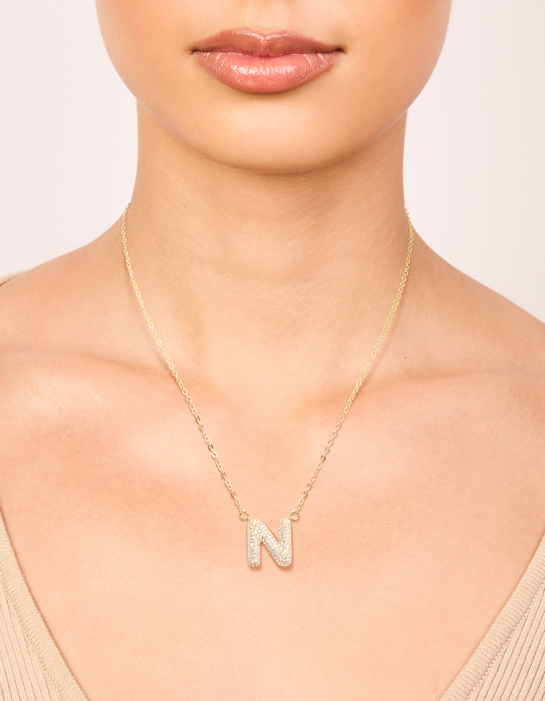 Gold Plated Cubic Zirconia Pave Letter N Necklace
