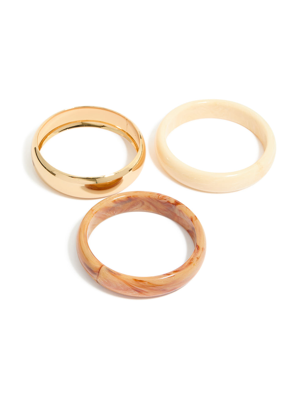 Featuring gold and neutral acrylic bangles in a 3-pack bracelet set front view