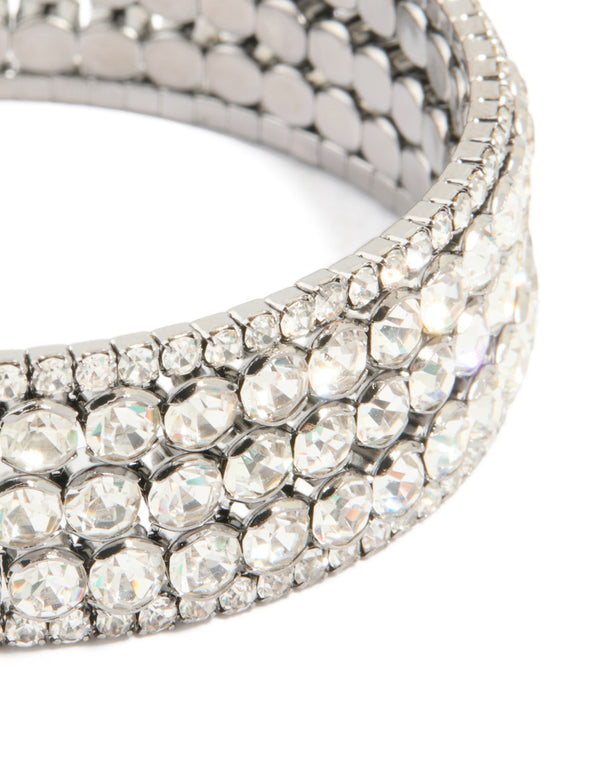 Gunmetal Silver Diamante Glitzy Five Layered Wrist Cuff