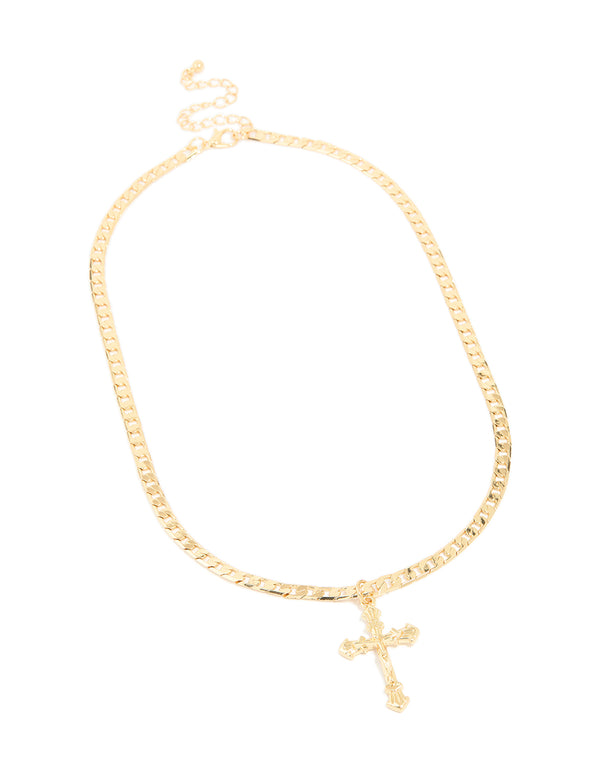 Highlighting a curb chain necklace with cross design crafted from gold plated material in statement style front view