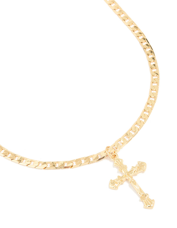 Showcasing a curb chain necklace with cross in gold plated finish and statement styling close up view