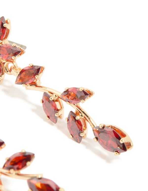 Gold Red Cubic Zirconia Flower Trail Drop Earrings