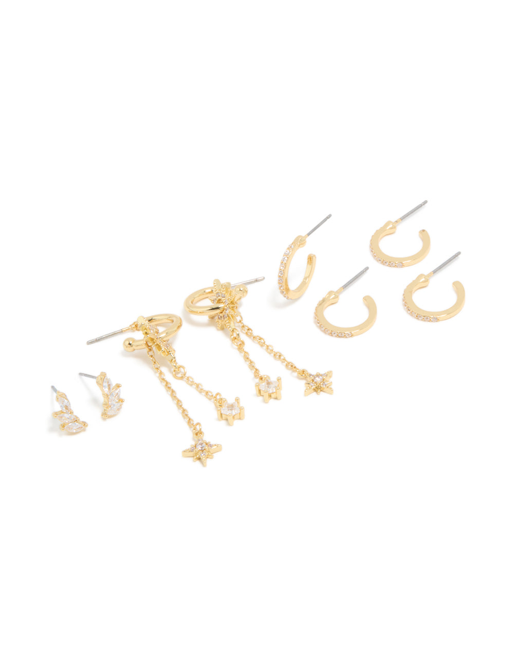 Explore this gold plated cubic zirconia celestial chain and fine hoop earrings 4-pack featuring charm accents with star details in huggie closure styling front view