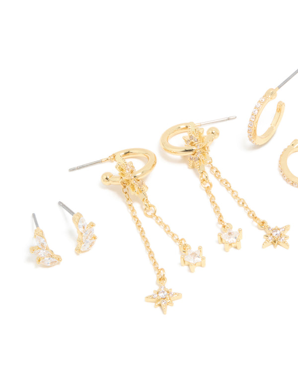 Discover gold plated cubic zirconia celestial chain and fine hoop earrings 4-pack with charm accents featuring star details in huggie closure styling close up view