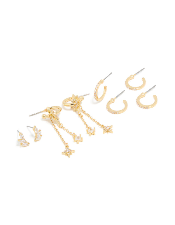 Explore this gold plated cubic zirconia celestial chain and fine hoop earrings 4-pack featuring charm accents with star details in huggie closure styling front view