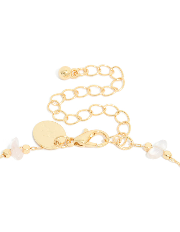 Gold Rose Quartz Semi Precious & Cubic Zirconia Ribbed Pendant Necklace