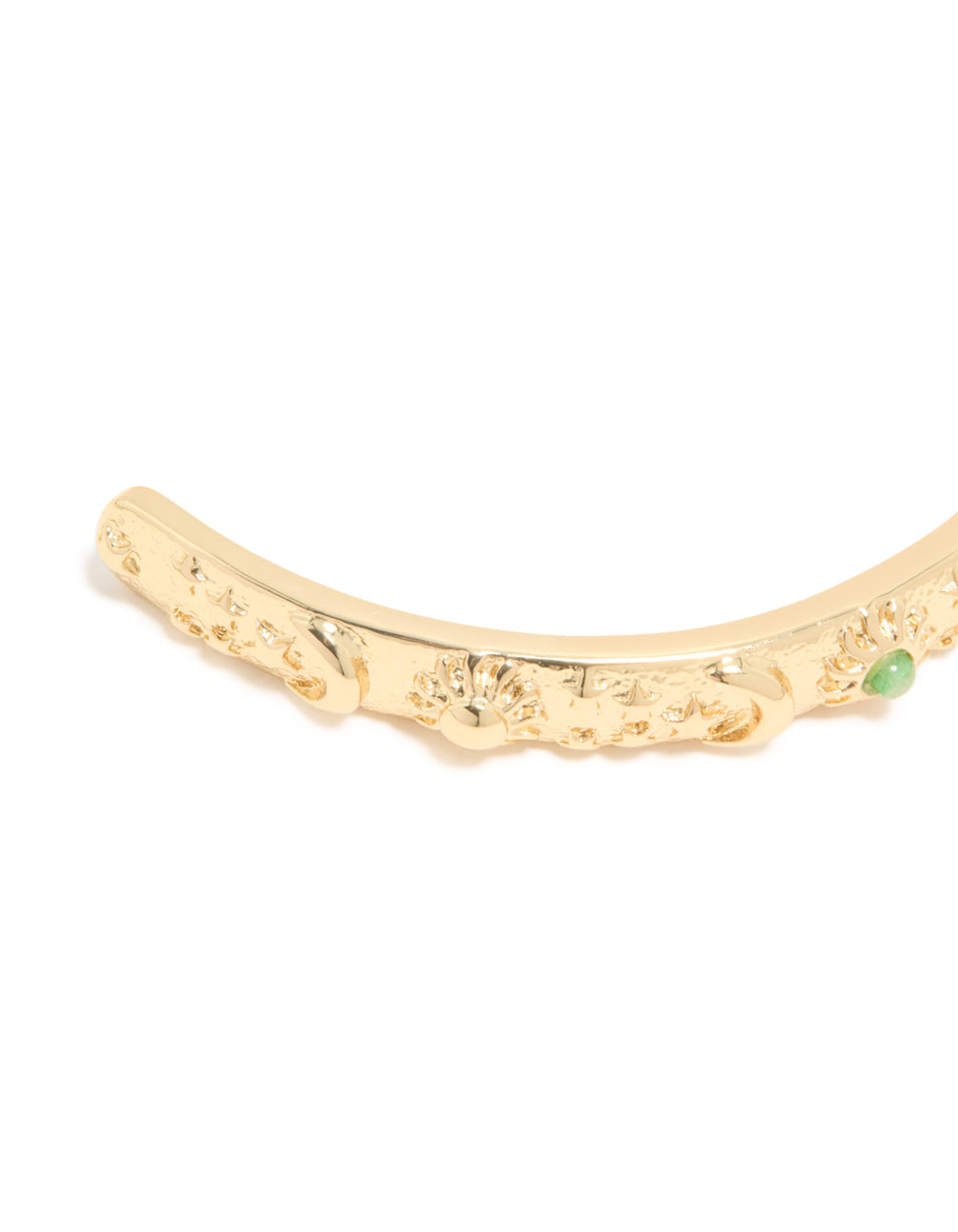 Gold Plated Cluster Green Semi Precious Stone Etched Open Wrist Cuff