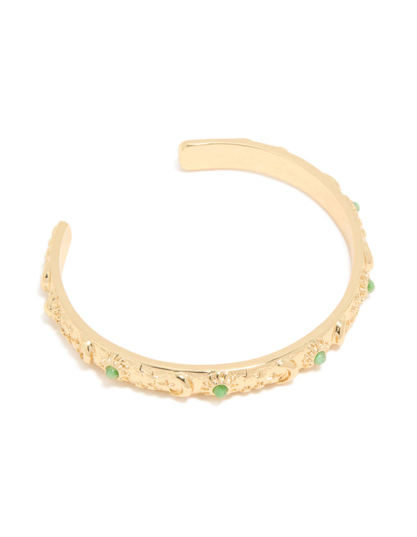 Gold Plated Cluster Green Semi Precious Stone Etched Open Wrist Cuff