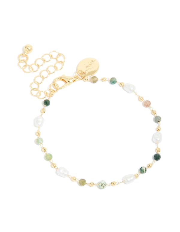 Gold Plated Green Semi Precious & Pearls Bracelet