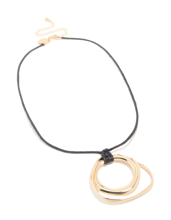 Gold Double Circle Layered Pendant Cord Necklace