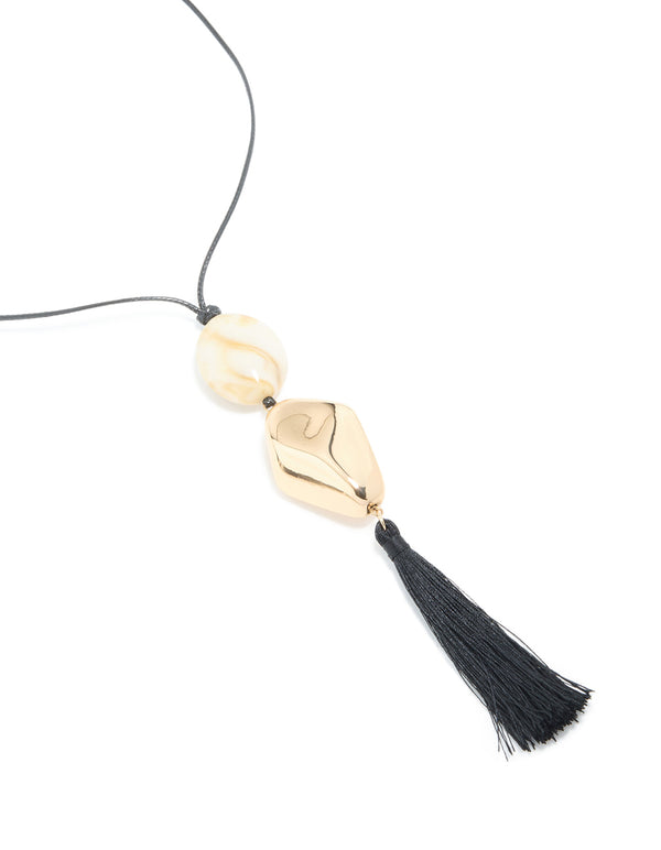 Gold Beaded & Black Tassel Long Necklace