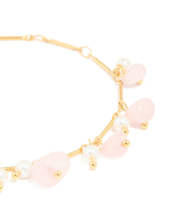 Waterproof Gold Plated Stainless Steel Rose Quartz Semi Precious Stone Chip Bracelet