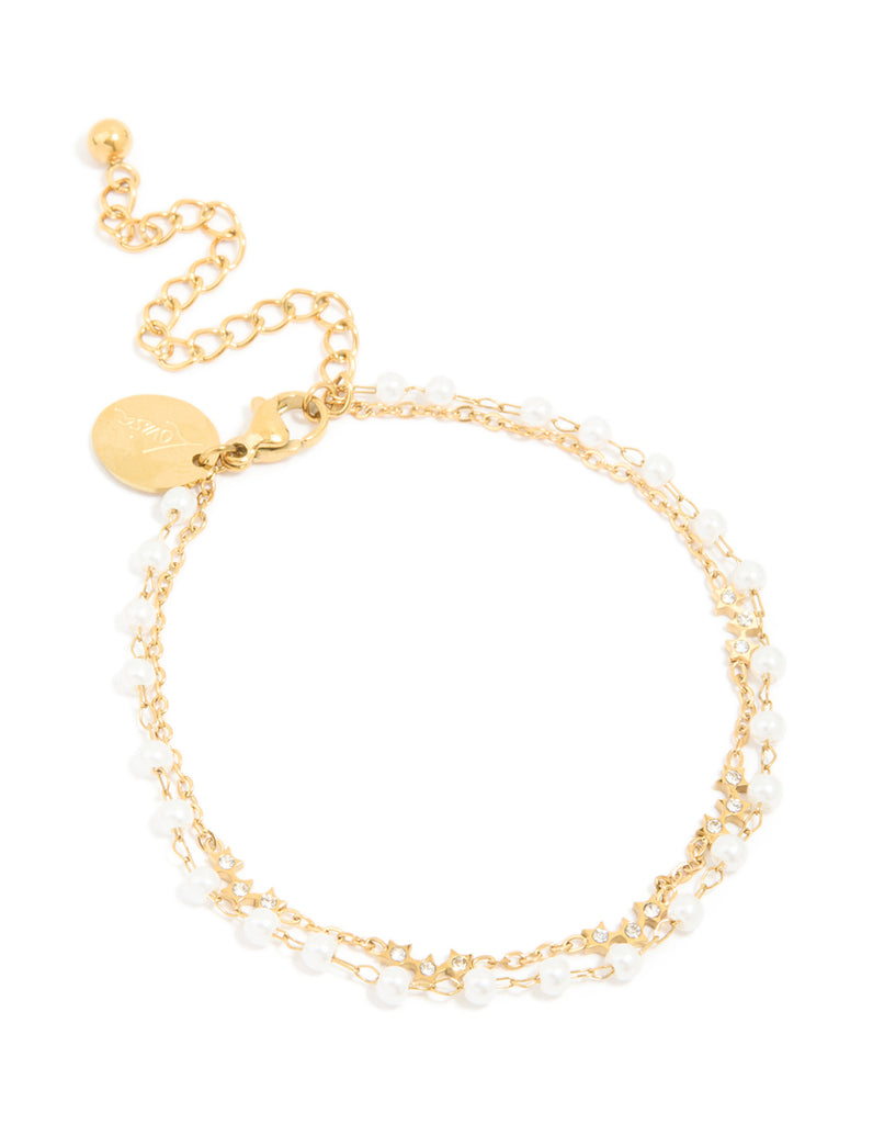 Waterproof Gold Plated Stainless Steel Pearl & Cubic Zirconia