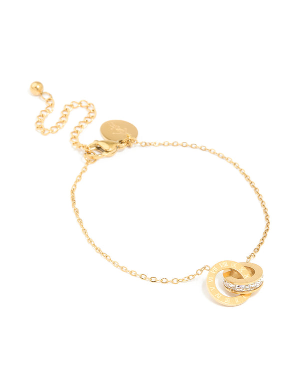 Waterproof Gold Plated Stainless Steel Diamante & Circle Link Chain Bracelet