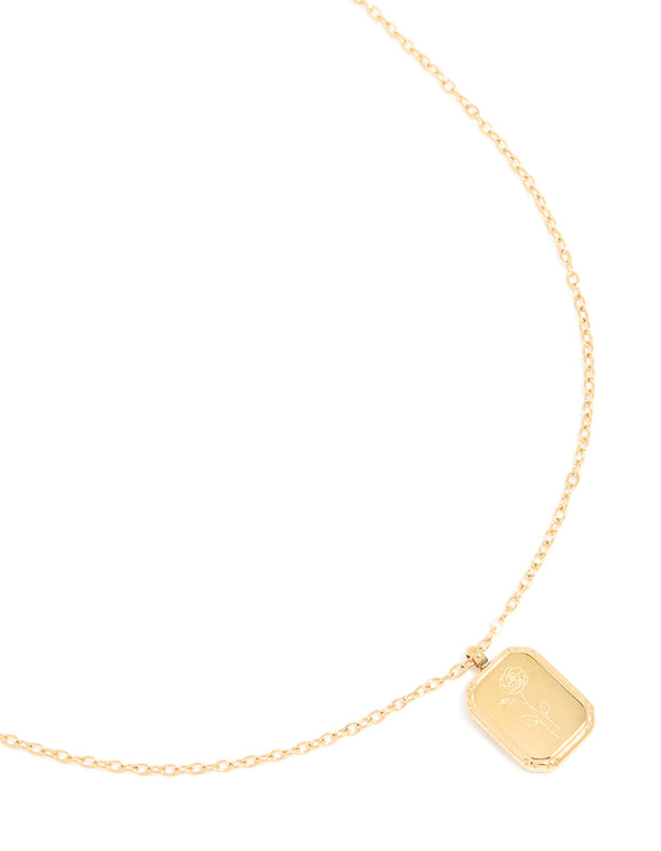 Showcasing a waterproof birth flower June rose necklace in gold plated stainless steel close up view