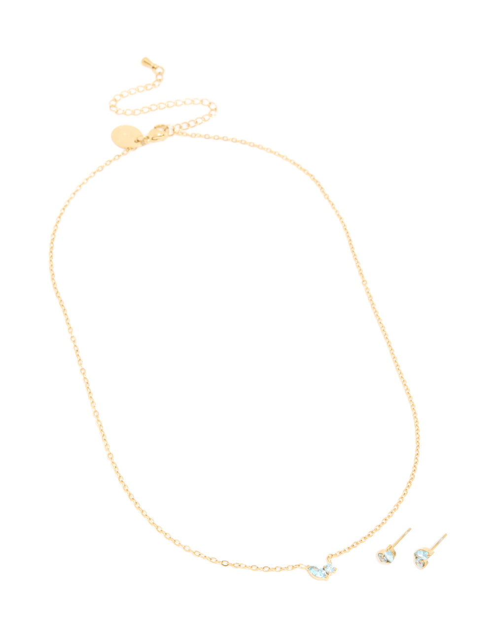 Waterproof Gold Plated Stainless Steel March Blue Cubic Zirconia Birthstone Necklace & Earrings Set