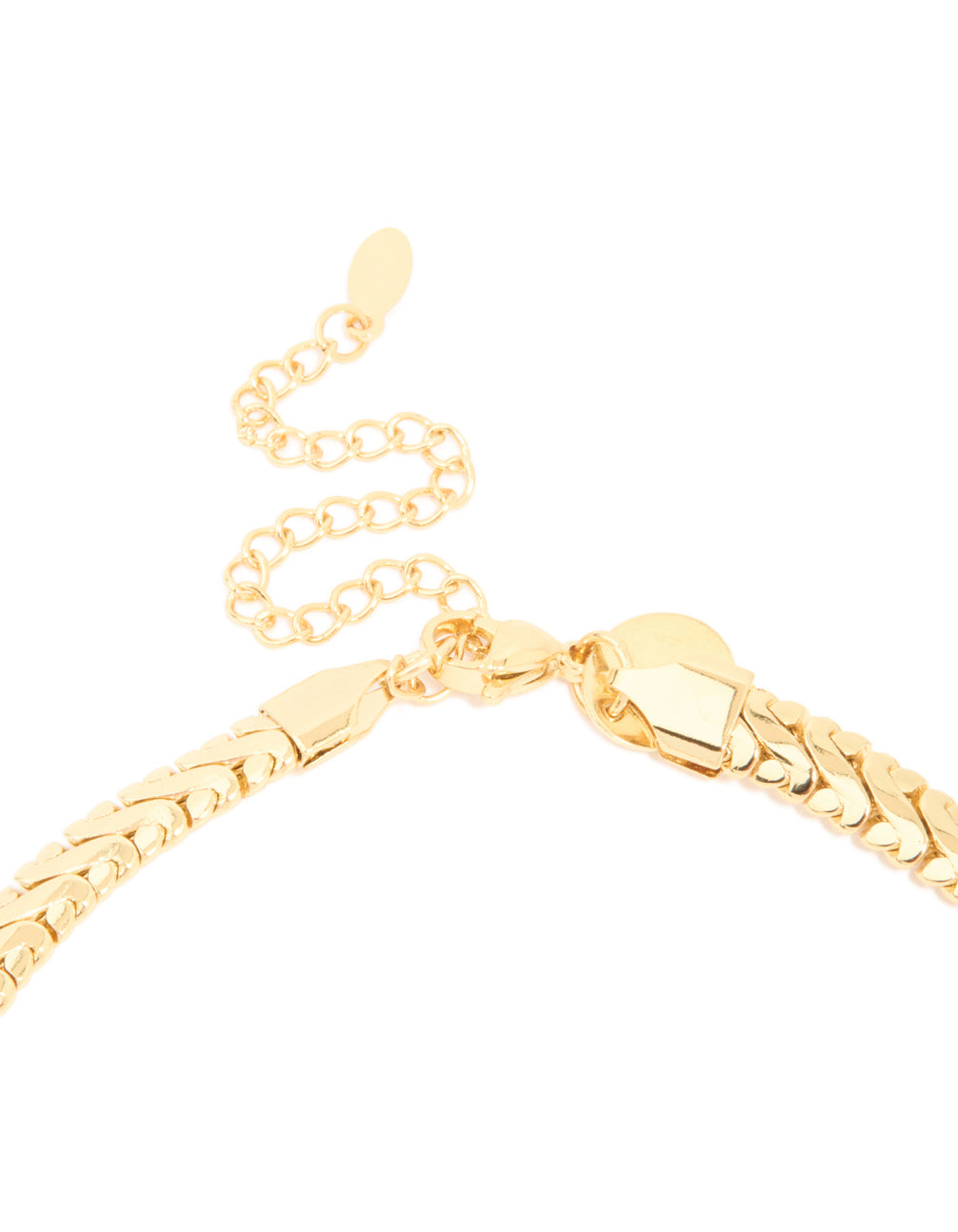 Presenting a waterproof interlock chain necklace crafted from gold plated stainless steel with statement style clasp detail view