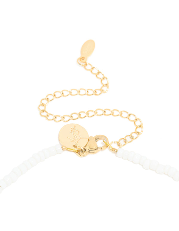 Waterproof Gold Plated Stainless Steel & White Beaded Shell Pendant Necklace