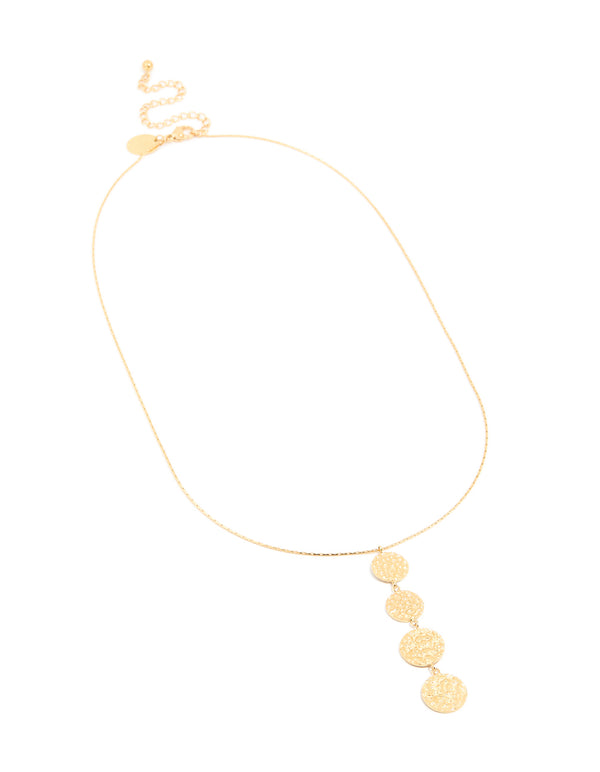 Featuring waterproof stainless steel construction, this gold plated necklace displays multiple discs charms with dimple texture front view