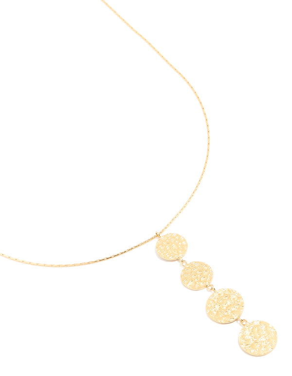 Crafted from waterproof stainless steel, this gold plated necklace features multiple discs charm with dimple texture close up view