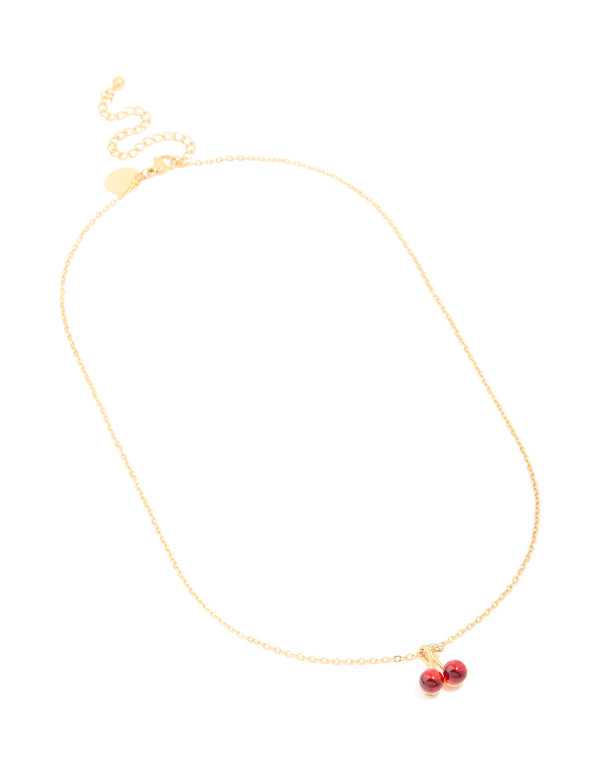 Waterproof Gold Plated Stainless Steel Red Glass Cherry Necklace