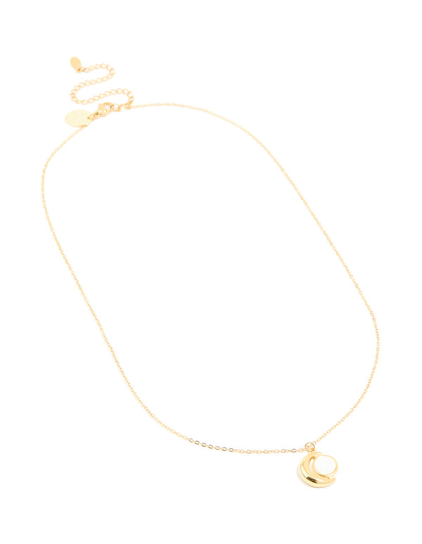 Explore a waterproof celestial necklace featuring full and crescent moon phase design crafted from stainless steel with gold plated finish front view