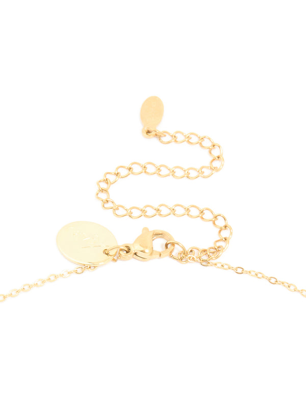 Admire a waterproof celestial necklace with full and crescent moon phase design in stainless steel gold plated finish clasp detail view