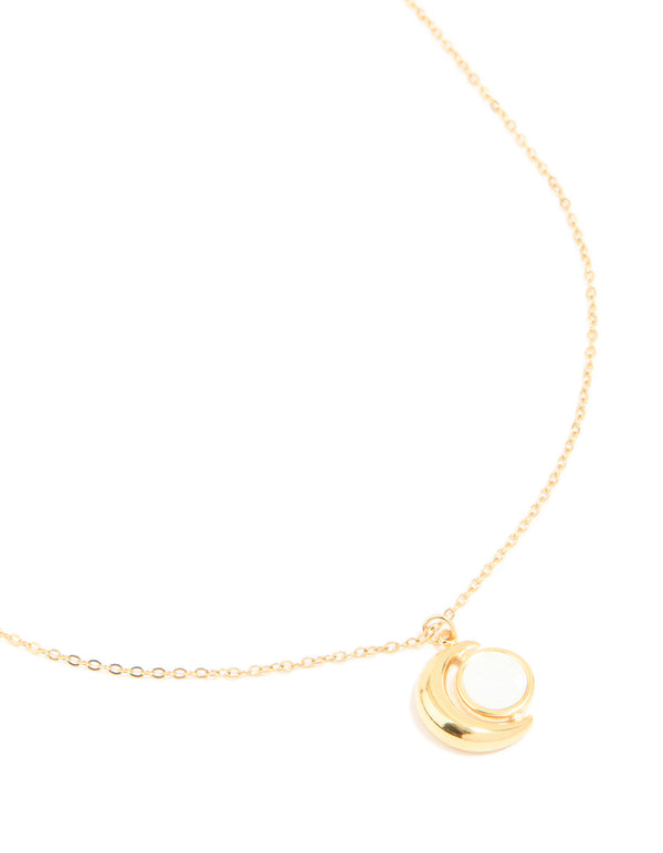Discover a waterproof celestial necklace featuring full and crescent moon phase design in stainless steel with gold plated finish close up view