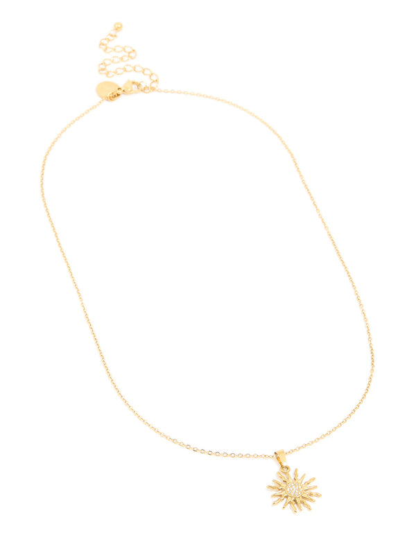 Highlighting the celestial design of this waterproof gold plated stainless steel statement sunburst necklace front view