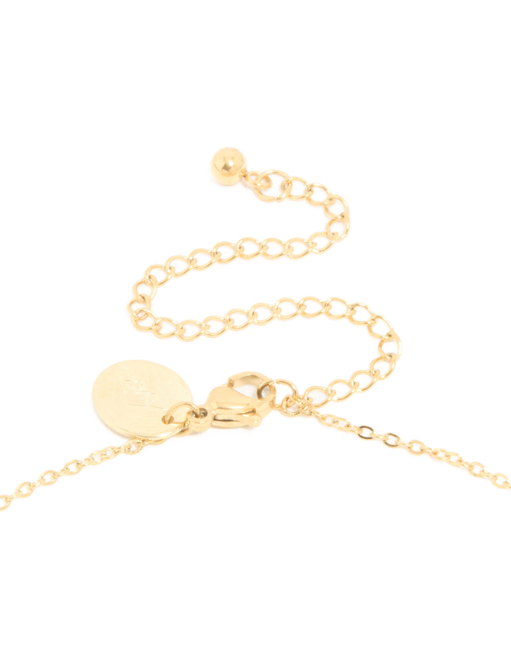 Displaying a waterproof gold plated stainless steel cubic zirconia claw-set pendant necklace clasp detail view