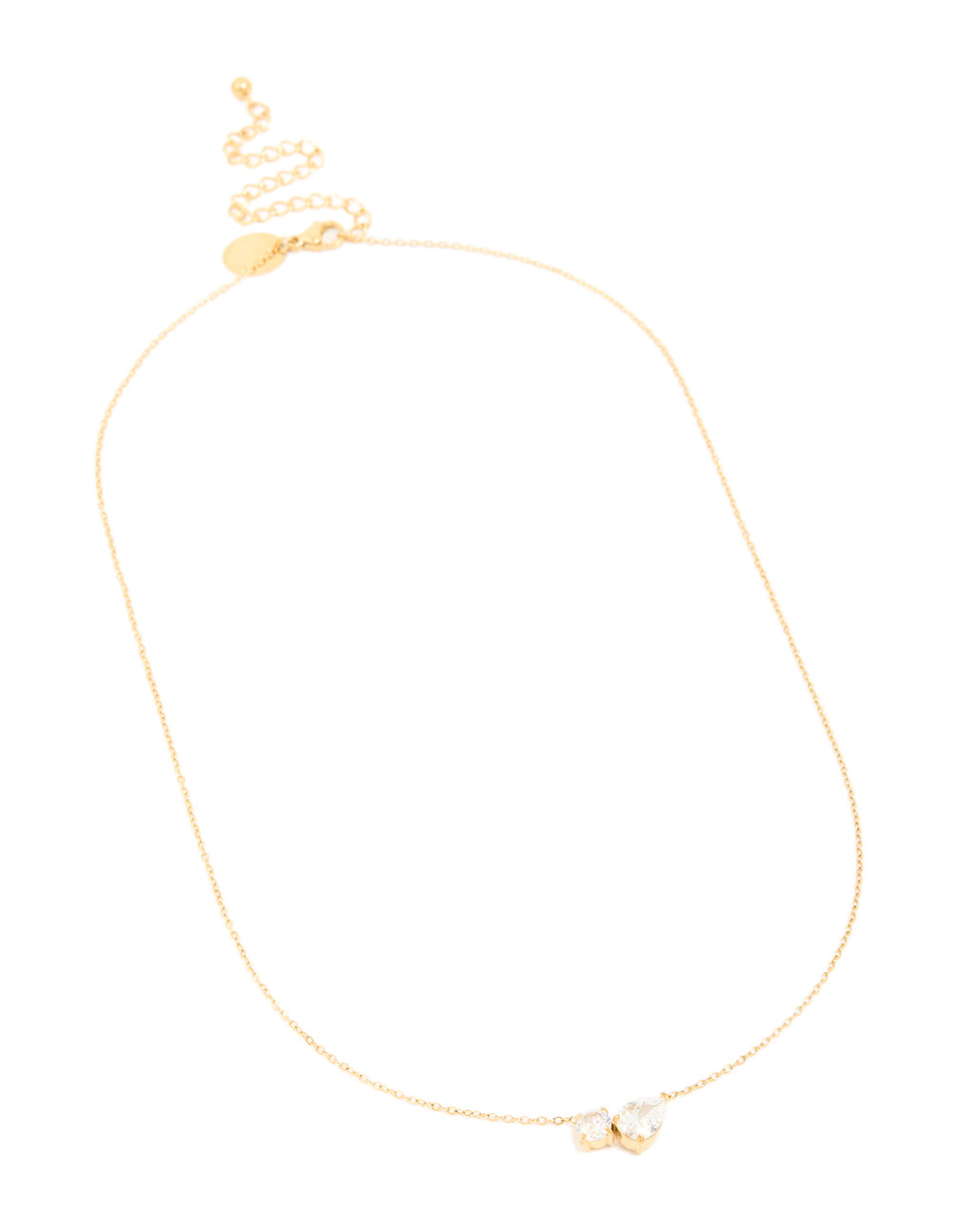 Crafted from waterproof gold plated stainless steel cubic zirconia mixed shape pendant necklace, crystal features, and dainty style front view