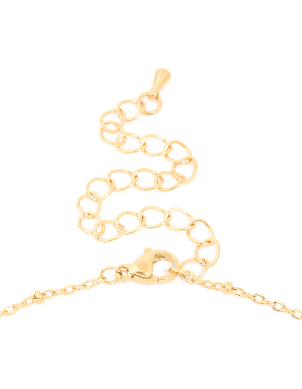 Presenting waterproof boho necklace in gold plated stainless steel with green semi precious stone beaded chain lobster clasp detail view