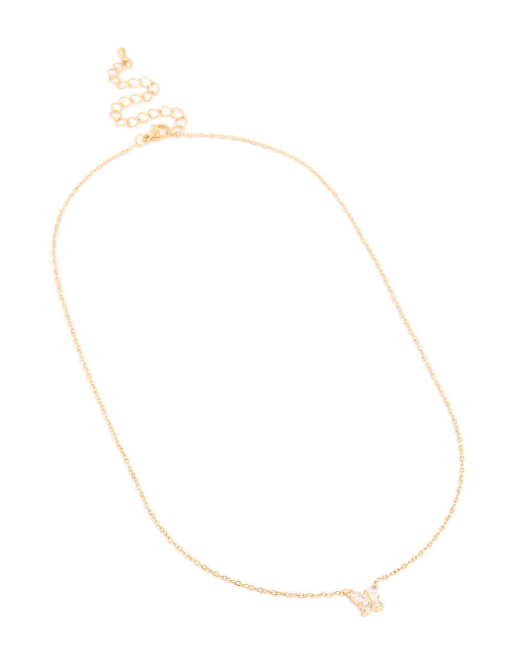 Stunning waterproof butterfly pendant necklace crafted from gold plated stainless steel featuring cubic zirconia front view