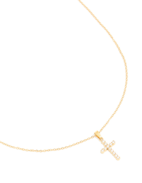 Designed with a waterproof gold plated stainless steel featuring cubic zirconia accented cross pendant necklace close up view