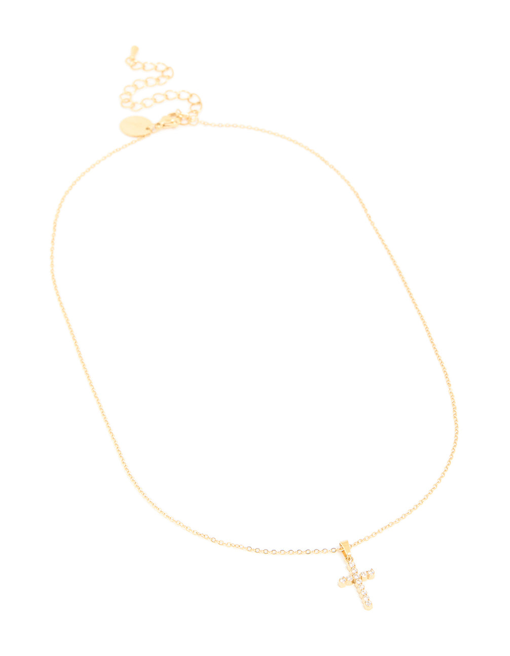 Elegant waterproof gold plated stainless steel cross pendant necklace featuring cubic zirconia front view